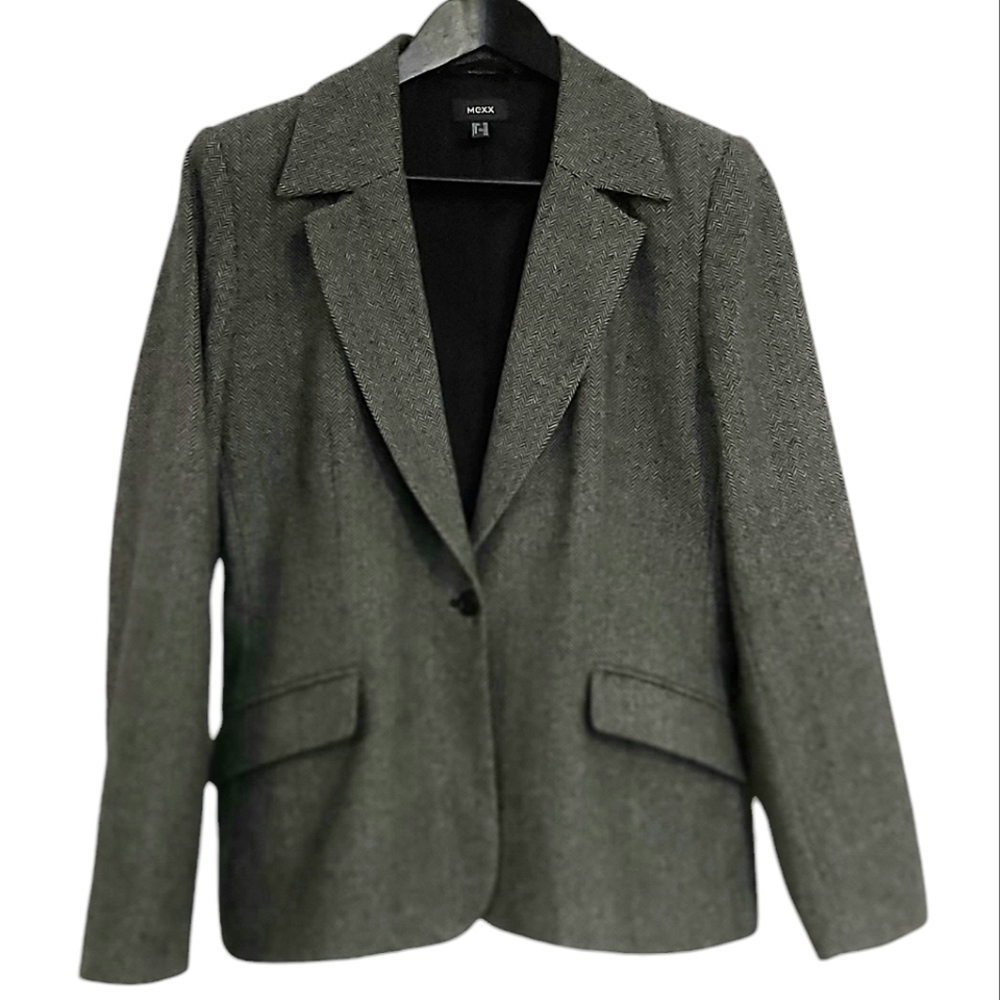 Mexx blazer womens 10 black white mix tweed single button lined wool blend